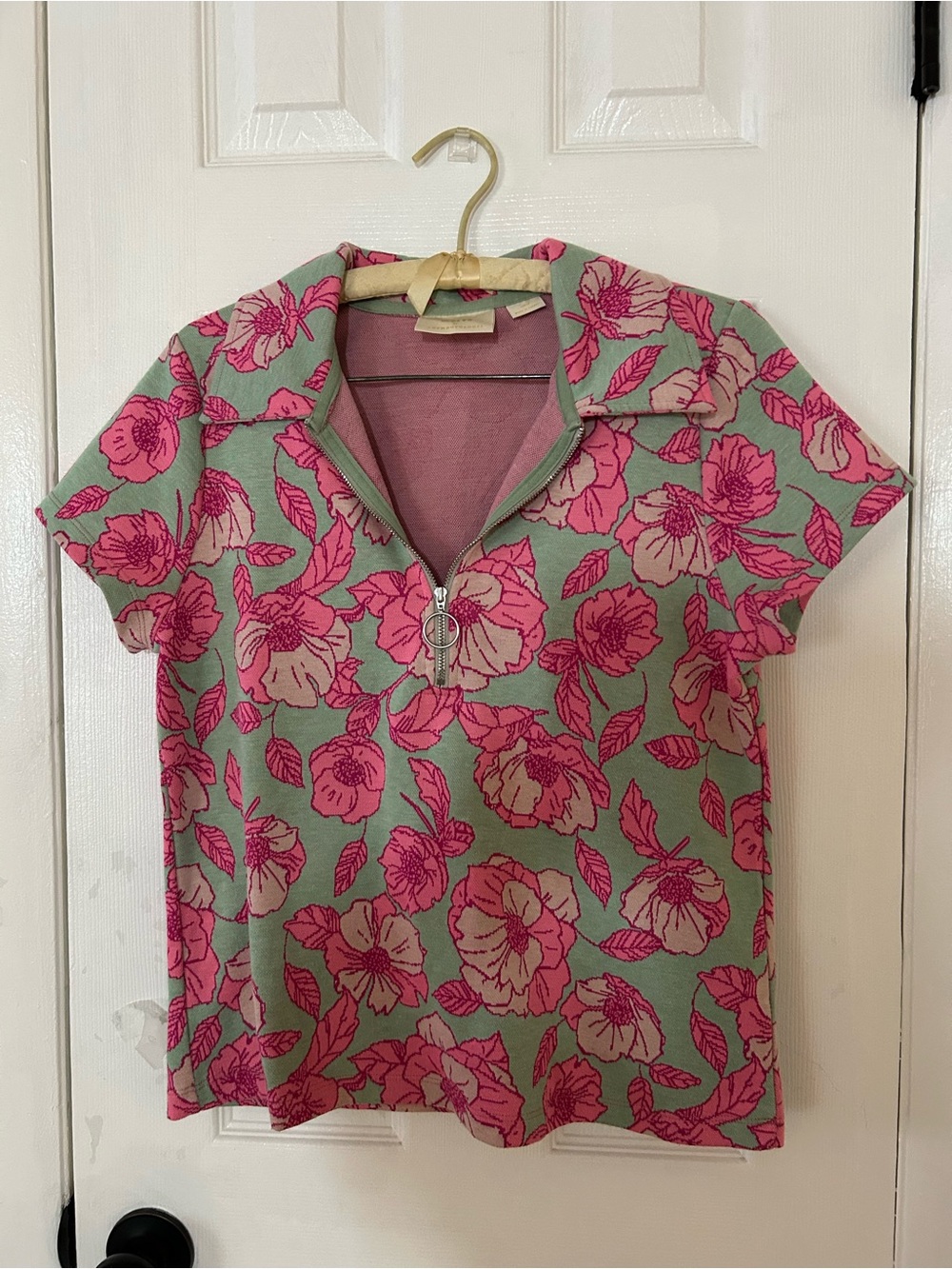 Maeve Anthropologie Floral Jacquard Sz M Quarter Zip Polo Top Pink Green Preppy - Picture 2 of 13